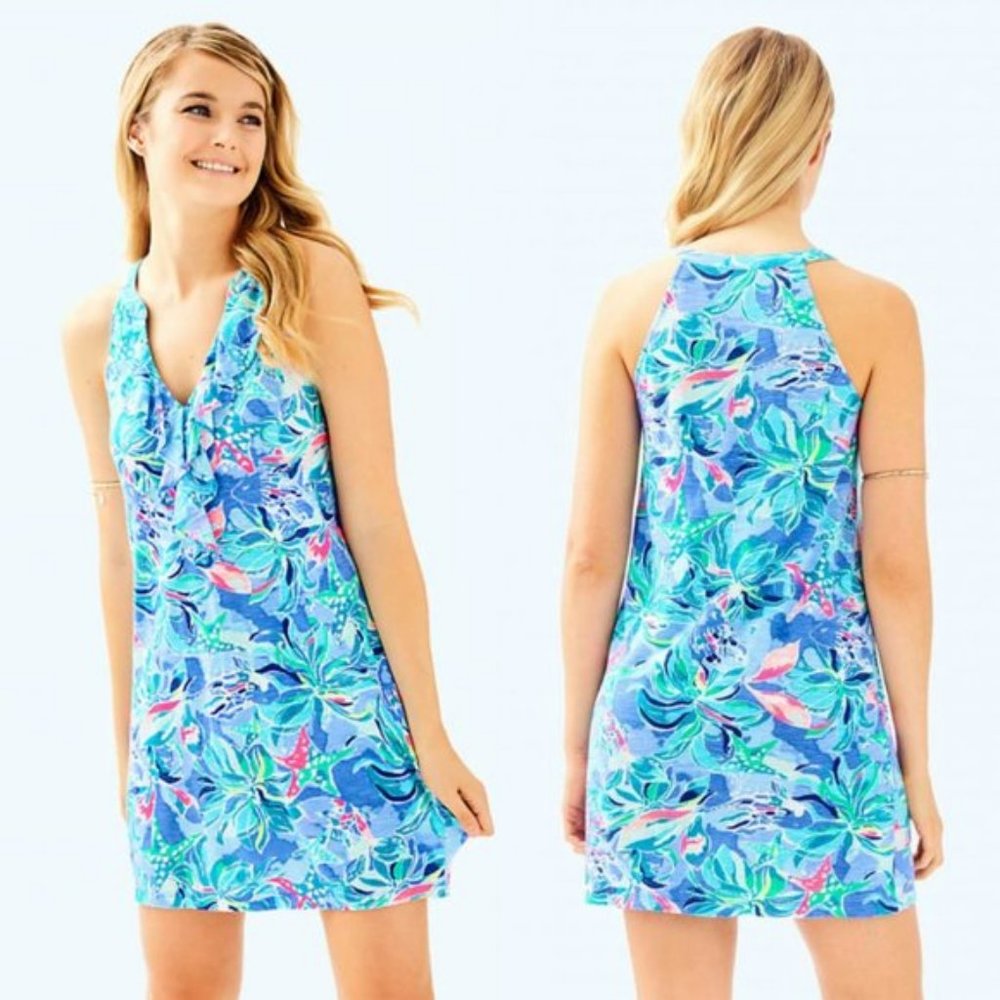 Lilly Pulitzer Shay Ruffle Dress in Celestial Seas.  SZ XS